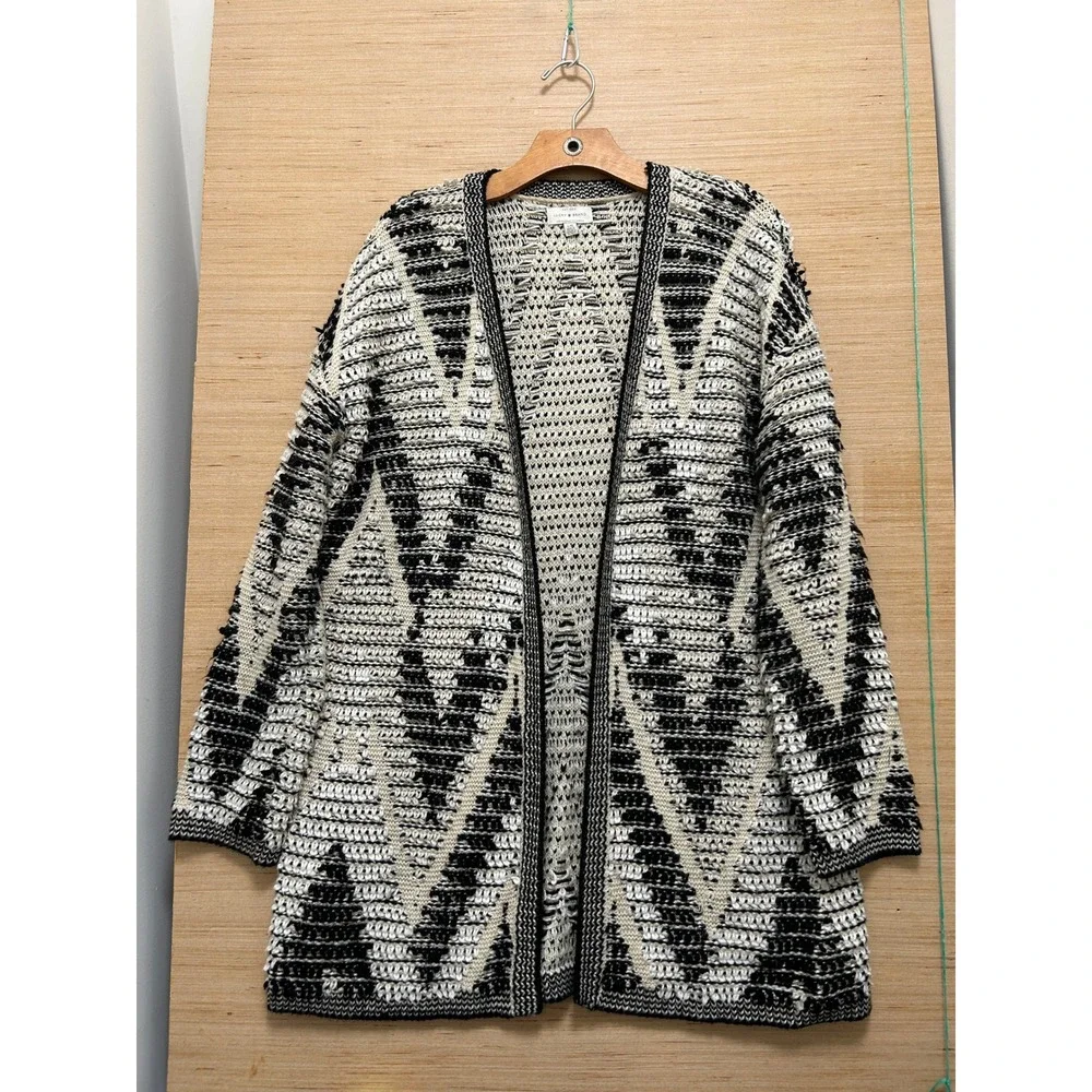 Lucky Brand Womens Large Black White Geometric‎ Chevron Knit Open Front Cardigan
